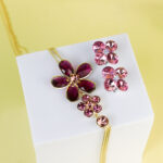 Jewelry set featuring a pink floral pendant and matching earrings with pink gemstones.